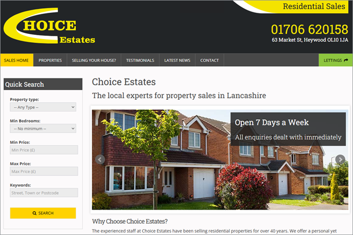 Screenshot of the Choice Estates website