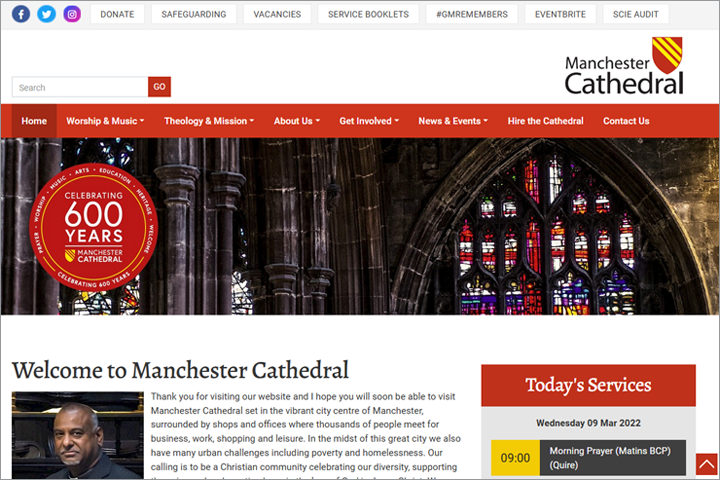 Screenshot of the Manchester Cathedral website